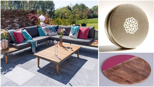 <p>The New England corner sofa, EZ Living Interiors, left; Lisa &amp; Co’s makeup brush soap, top, right; and Lennon Courtney x Kilkenny Design's wooden serving board, below right. </p>