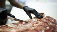 Female hands cutting a piece of ribs in a butchers shop