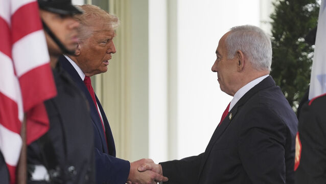 <p>President Donald Trump, left, greets Israel's Prime Minister Benjamin Netanyahu at the White House, Monday, April 7, 2025, in Washington. (AP Photo/Evan Vucci)</p>